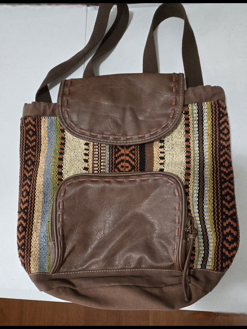 Woven Brown Boho Backpack with Front Pocket
